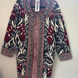 Max Sport Women Burgundy Black Floral Jacquard‎ Open Front Duster Cardigan